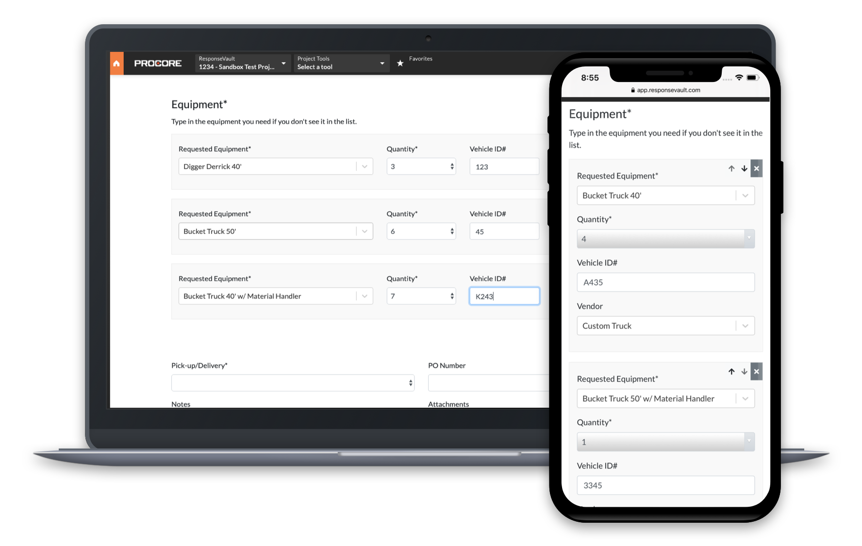 An equipment request form shown inside Procore on a laptop and on a phone