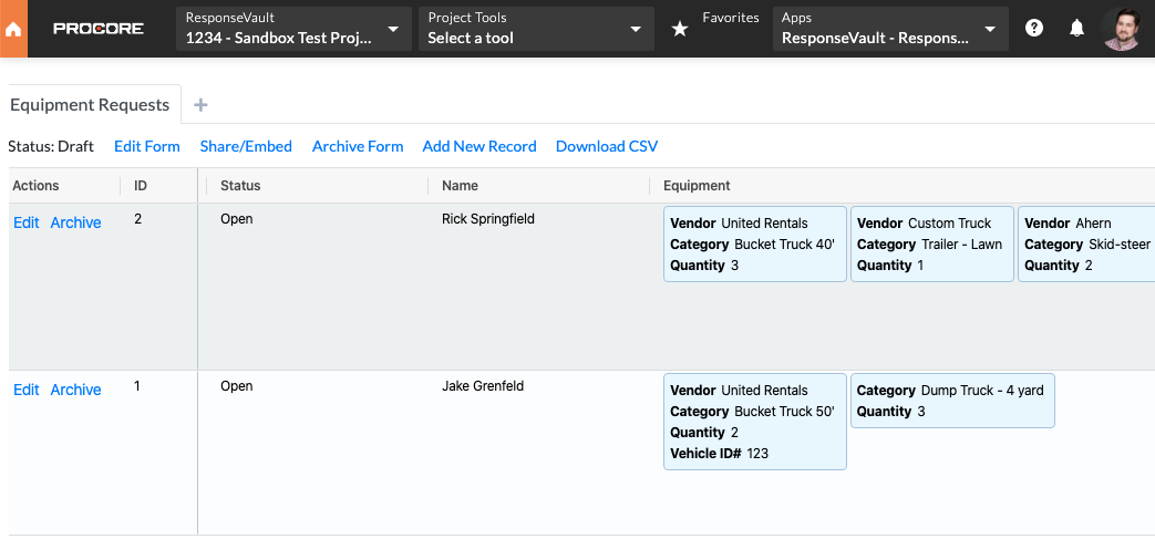 ResponseVault Spreadsheet for Procore.